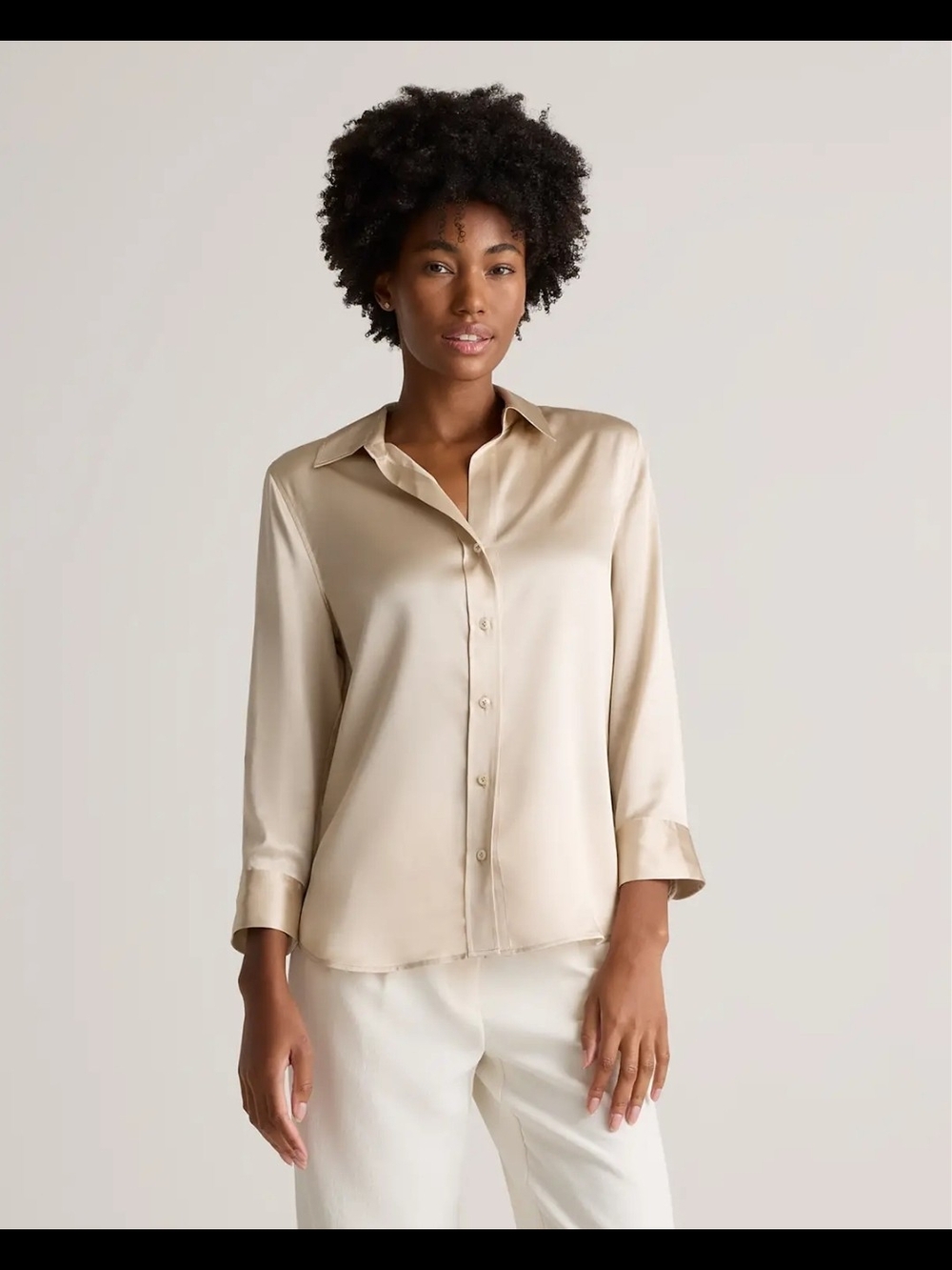 Quince 100% Washable Silk Three-Quarter Sleeve Shirt Women's XS Champagne NWT